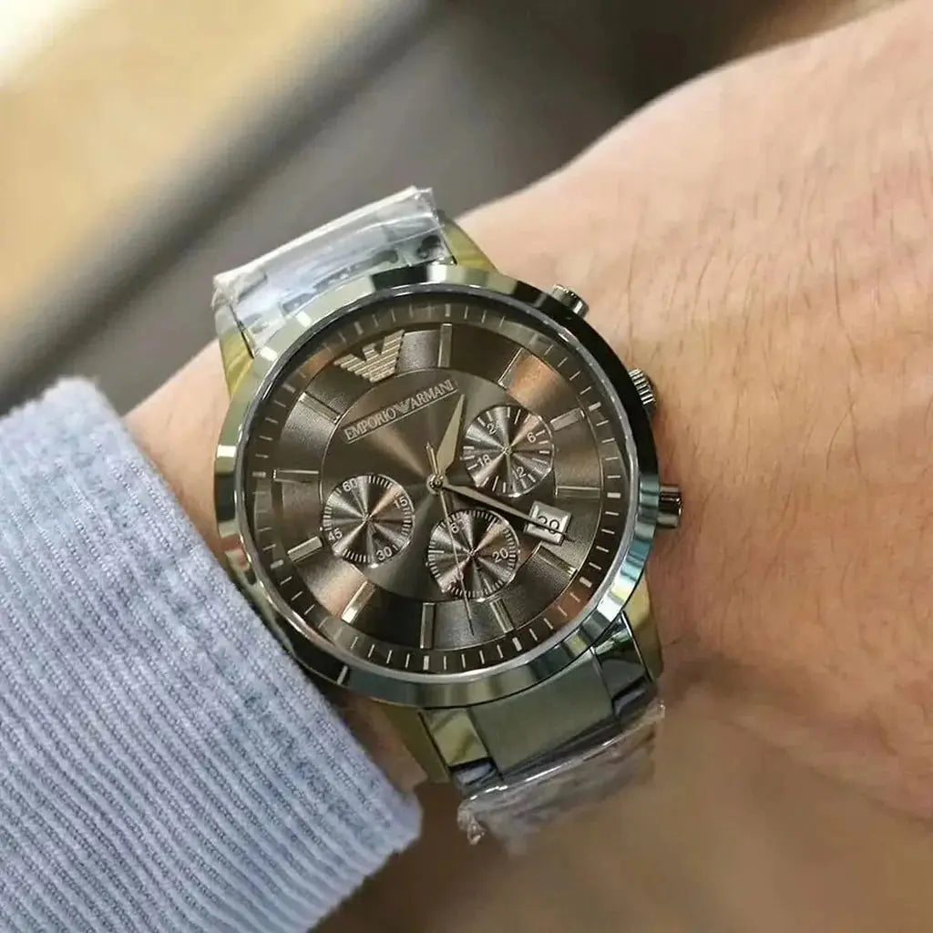 Emporio Armani AR11117 Renato Chronograph Quartz Grey Dial Green Steel Strap Watch For Men Emporio Armani