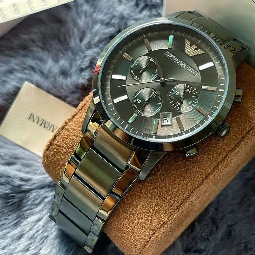 Emporio Armani AR11117 Renato Chronograph Quartz Grey Dial Green Steel Strap Watch For Men Emporio Armani