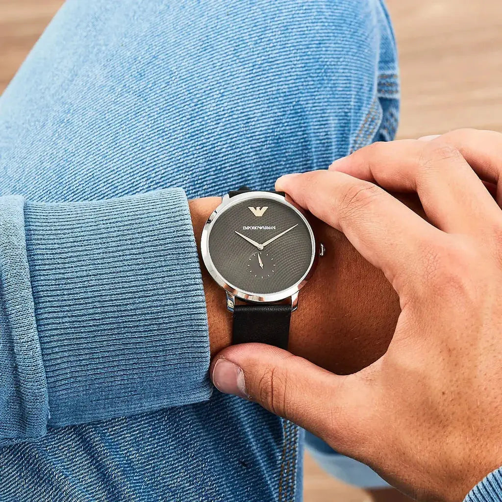 Emporio Armani AR11162 Modern Slim Quartz Grey Dial Black Leather Strap Watch For Men Emporio Armani