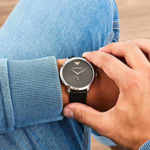Emporio Armani AR11162 Modern Slim Quartz Grey Dial Black Leather Strap Watch For Men Emporio Armani