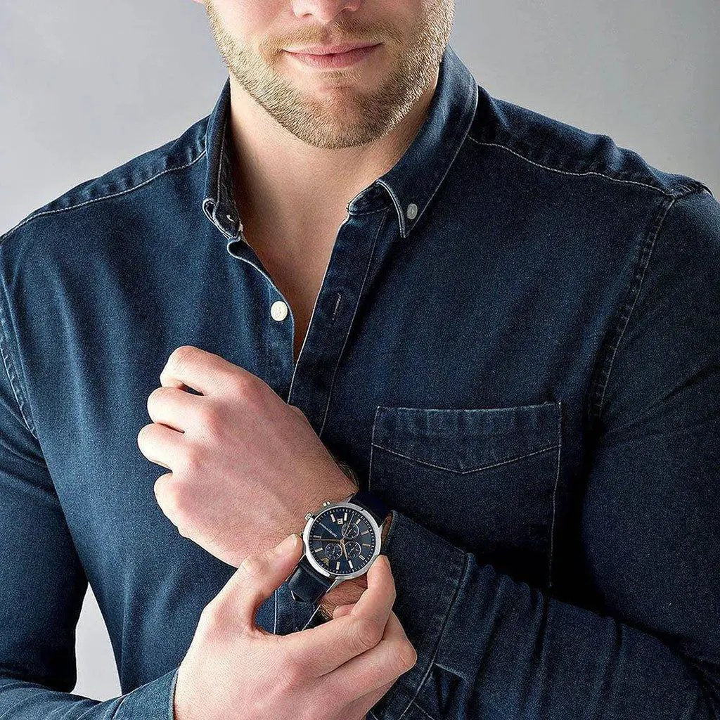 Emporio Armani AR11216 Renato Chronograph Blue Dial Black Leather Strap Watch For Men Emporio Armani