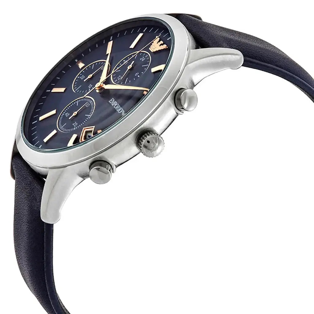 Emporio Armani AR11216 Renato Chronograph Blue Dial Black Leather Strap Watch For Men Emporio Armani