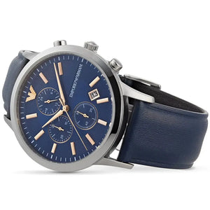 Emporio Armani AR11216 Renato Chronograph Blue Dial Black Leather Strap Watch For Men Emporio Armani