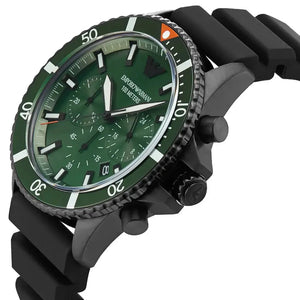 Emporio Armani AR11463 Diver Chronograph Quartz Green Dial Black Silicon Strap Watch For Men Emporio Armani