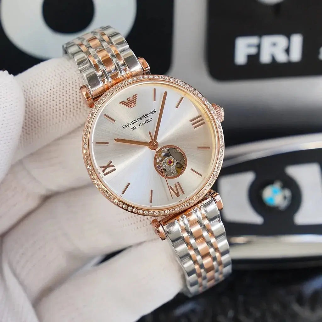 Emporio Armani AR60019 Gianni T-Bar Analog White Dial Two Tone Steel Strap Watch For Women Emporio Armani