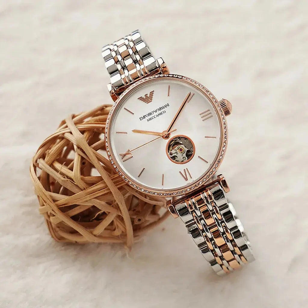 Emporio Armani AR60019 Gianni T-Bar Analog White Dial Two Tone Steel Strap Watch For Women Emporio Armani