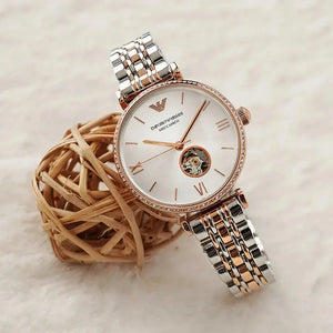 Emporio Armani AR60019 Gianni T-Bar Analog White Dial Two Tone Steel Strap Watch For Women Emporio Armani