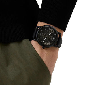Emporio Armani AR60032 Meccanico Quartz Black Dial Black Leather Strap Watch For Men Emporio Armani