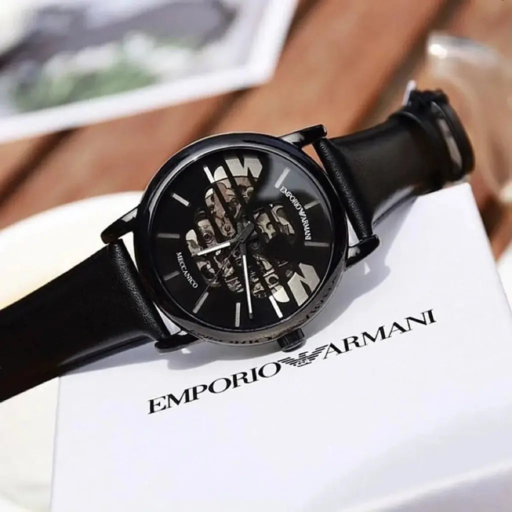 Emporio Armani AR60032 Meccanico Quartz Black Dial Black Leather Strap Watch For Men Emporio Armani