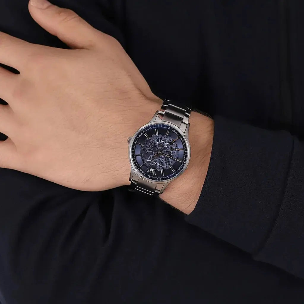 Emporio Armani AR60037 Renato Automatic Blue Dial Silver Steel Strap Watch For Men Emporio Armani