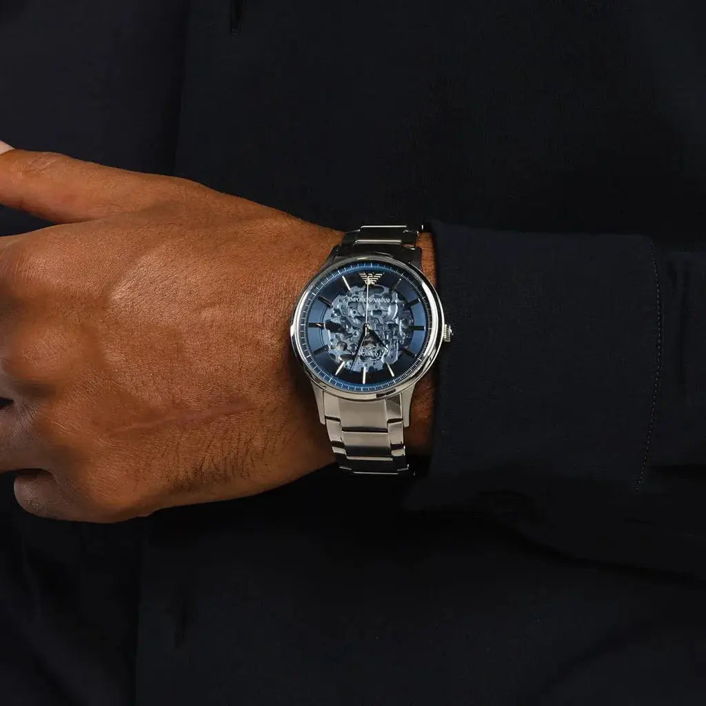 Emporio Armani AR60037 Renato Automatic Blue Dial Silver Steel Strap Watch For Men Emporio Armani