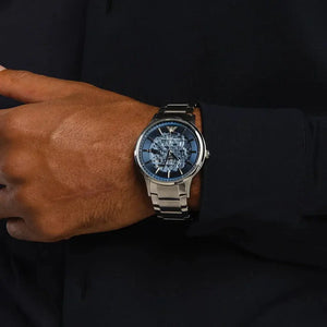 Emporio Armani AR60037 Renato Automatic Blue Dial Silver Steel Strap Watch For Men Emporio Armani