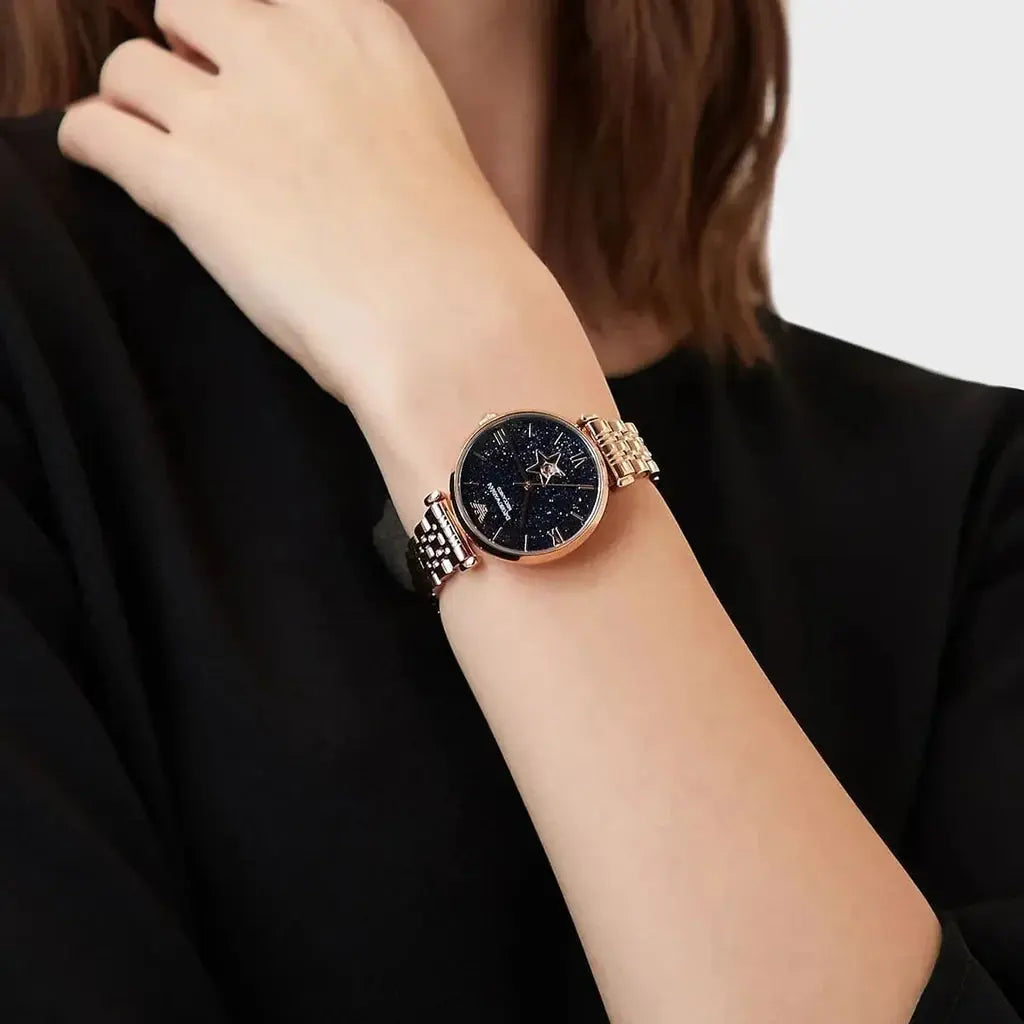 Emporio Armani AR60043 Meccanico Crystals Black Dial Rose Gold Steel Strap Watch For Women Emporio Armani