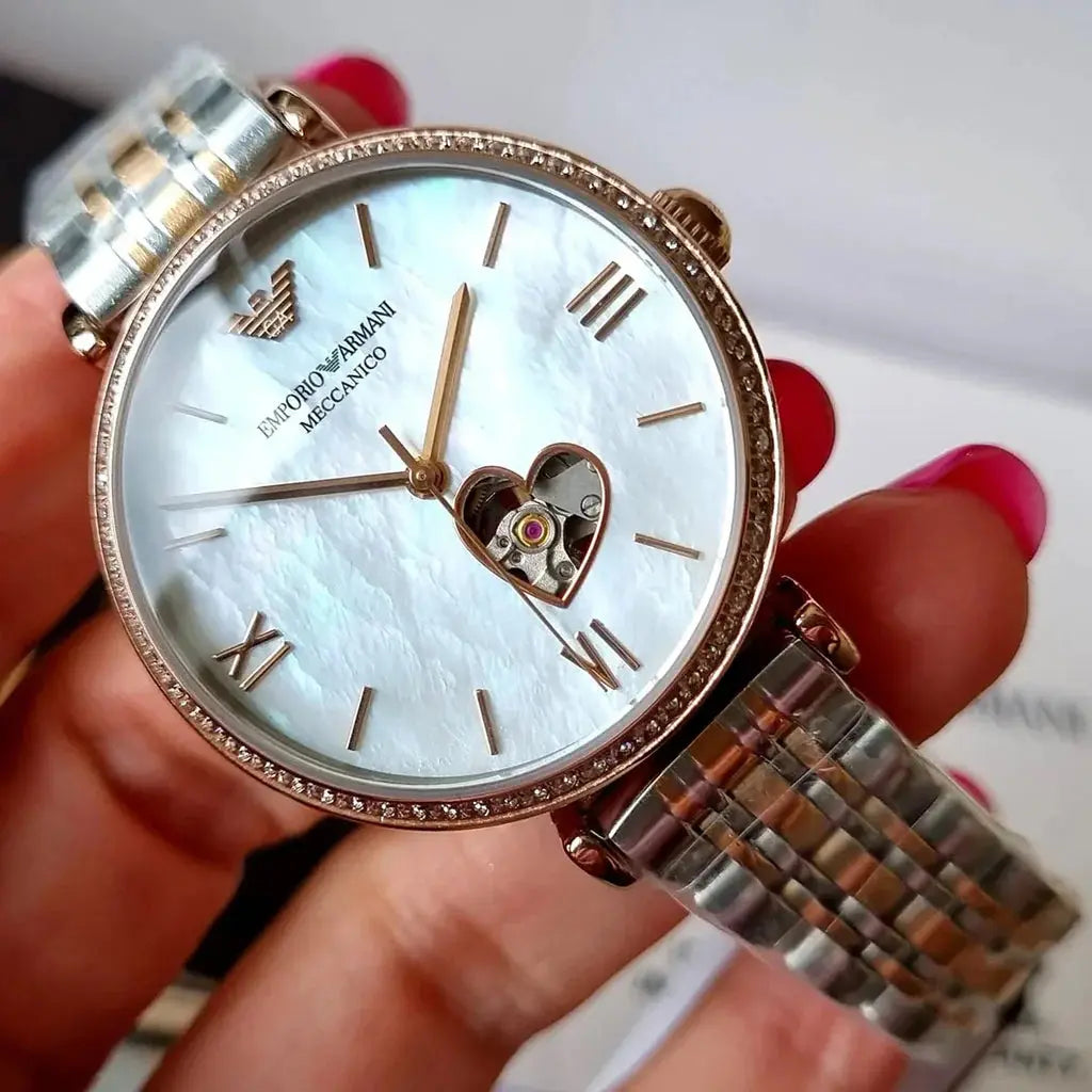 Emporio Armani AR60019 Gianni T-Bar Analog White Dial Two Tone Steel Strap Watch For Women Emporio Armani