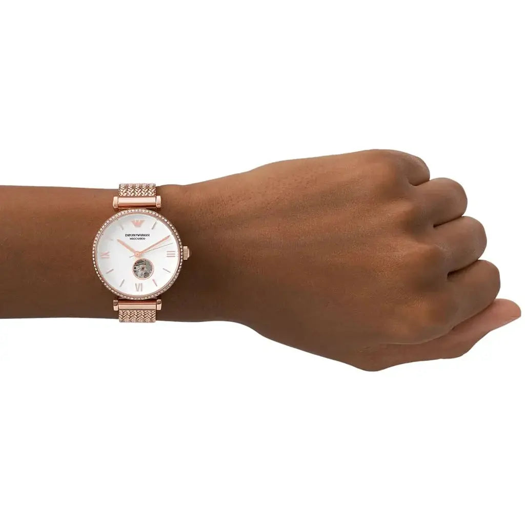 Emporio Armani AR60019 Gianni T-Bar Analog White Dial Two Tone Steel Strap Watch For Women Emporio Armani