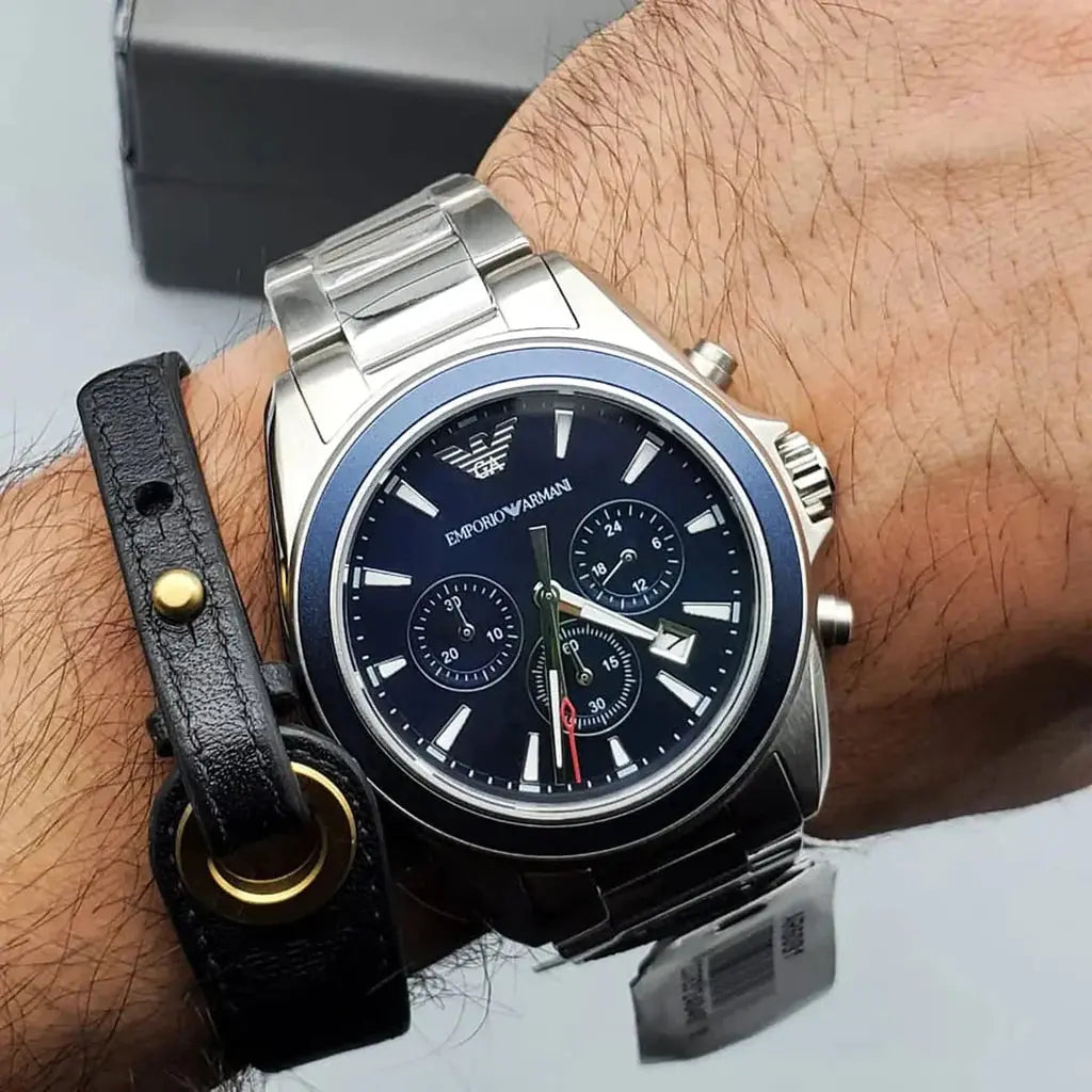Emporio Armani AR6091 Sportivo Chronograph Blue Dial Silver Steel Strap Watch For Men Emporio Armani
