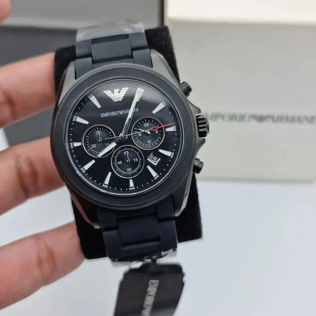 Emporio Armani AR6092 Sportivo Chronograph Black Dial Black Silicone Strap Watch For Men Emporio Armani