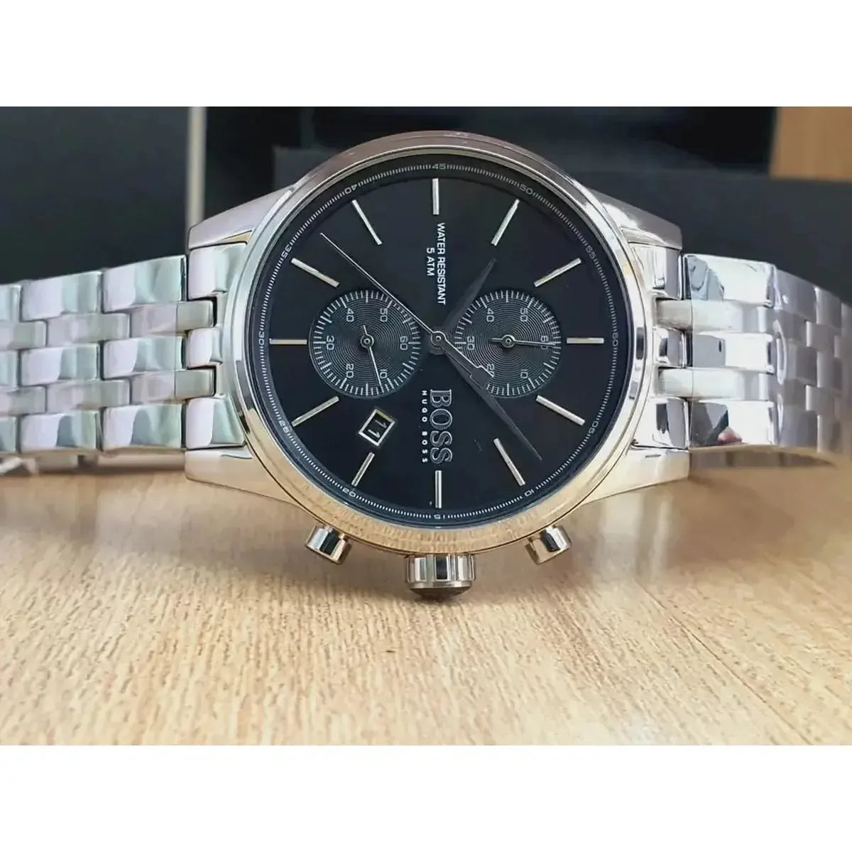 Hugo Boss 1513383 Jet Black Dial Silver Steel Strap Watch for Men Hugo Boss