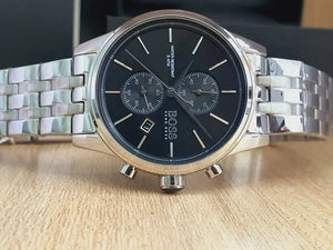 Hugo Boss 1513383 Jet Black Dial Silver Steel Strap Watch for Men Hugo Boss