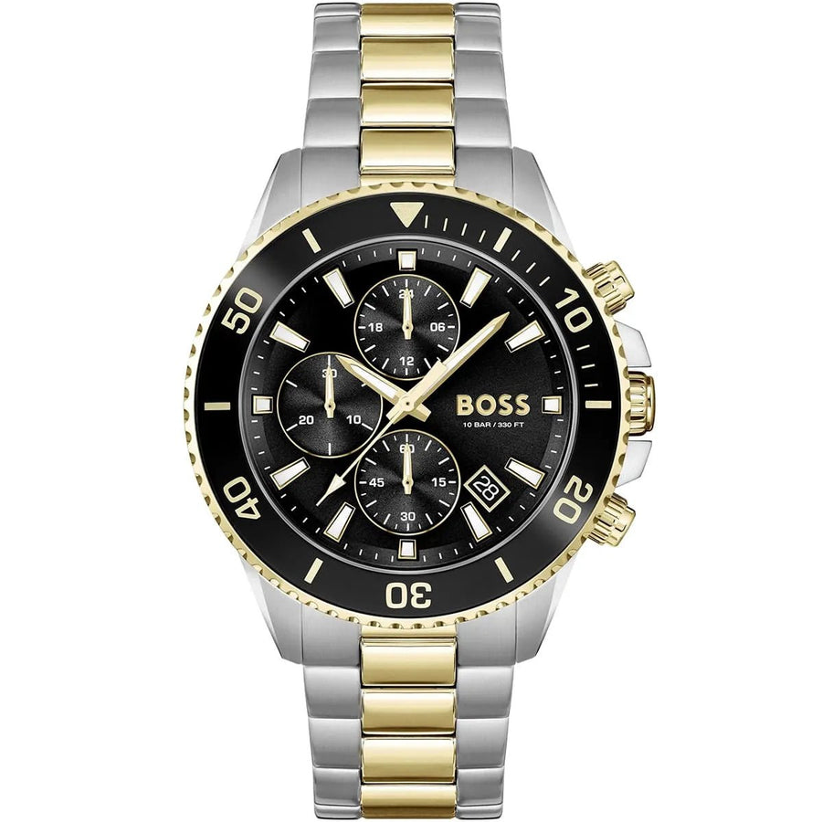 Front view of BOSS Admiral 1513908 with black dial and mineral crystal