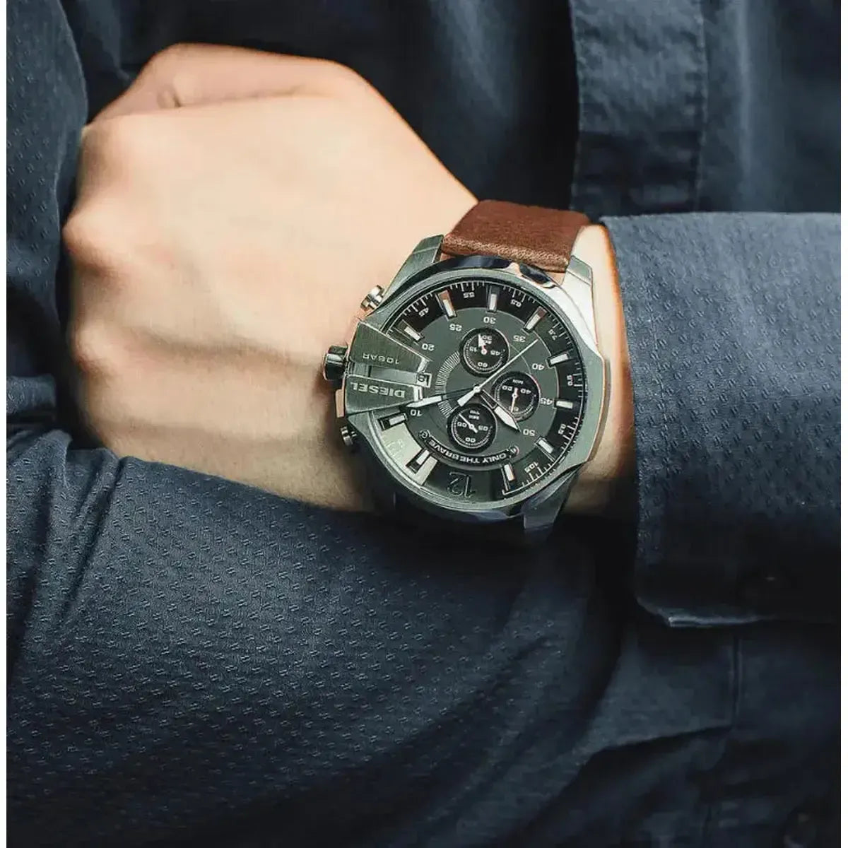 Diesel DZ4290 Mega Chief Chronograph Black Dial Brown Leather Strap Watch For Men Diesel