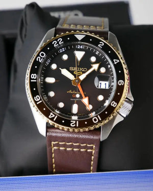 Seiko 5 SSK036K1 Sports SKX GMT Automatic Mocha Black Dial Brown Leather Strap Watch For Men Seiko