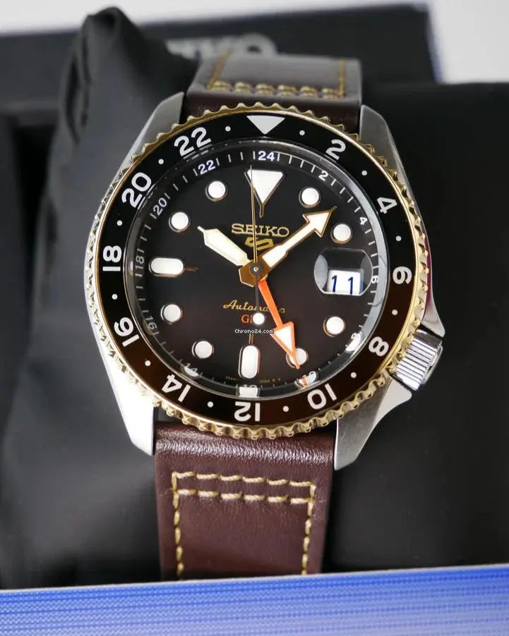 Seiko 5 SSK036K1 Sports SKX GMT Automatic Mocha Black Dial Brown Leather Strap Watch For Men Seiko