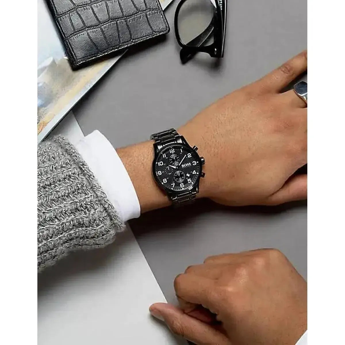 Hugo Boss 1513180 Chronograph Black Dial Black Steel Strap Watch for Men Hugo Boss