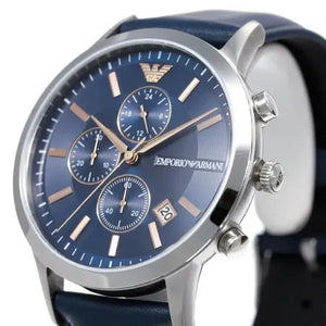 Emporio Armani AR11216 Renato Chronograph Blue Dial Black Leather Strap Watch For Men Emporio Armani