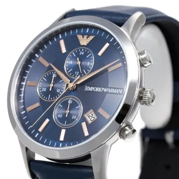 Emporio Armani AR11216 Renato Chronograph Blue Dial Black Leather Strap Watch For Men Emporio Armani
