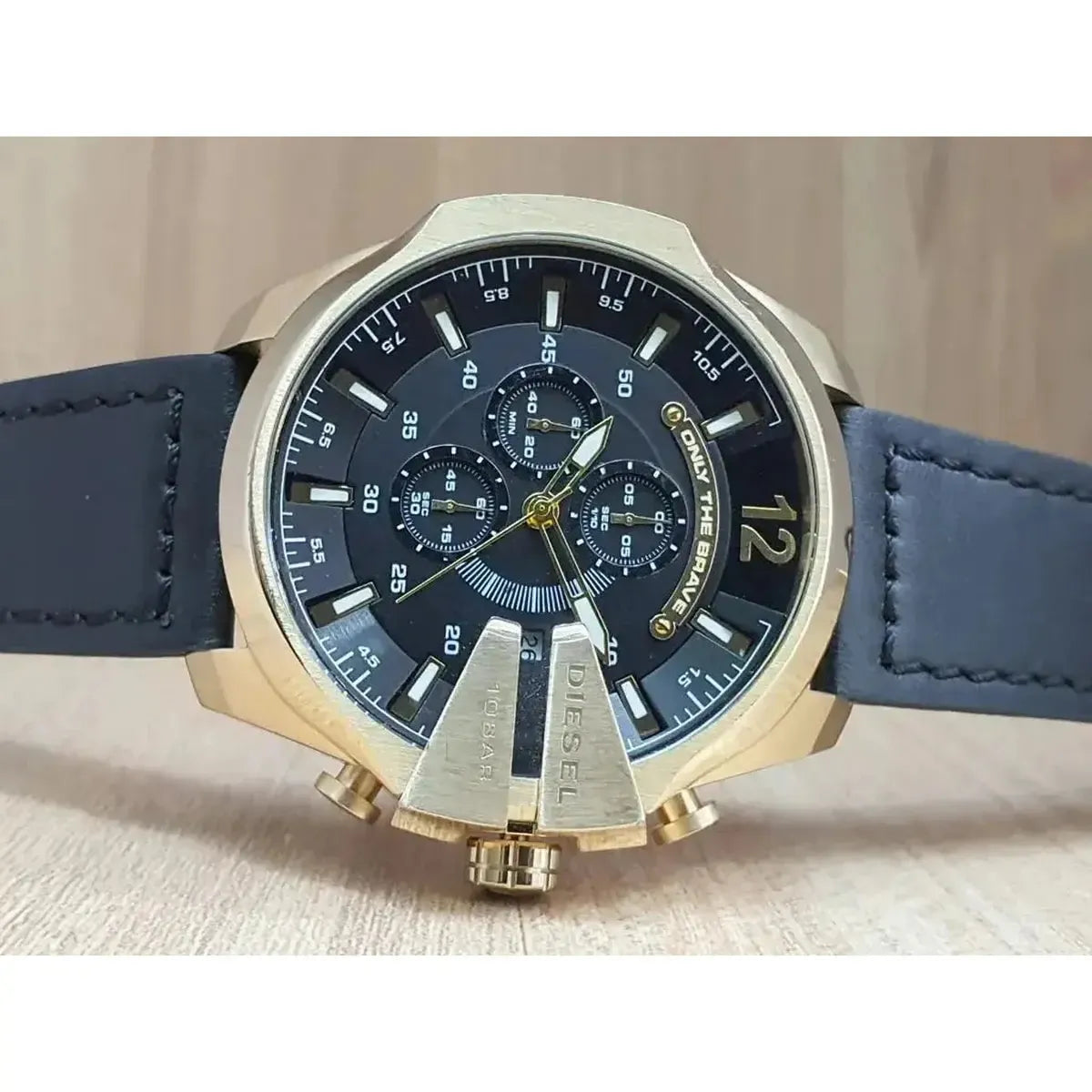 Diesel DZ4344 Mega Chief Chronograph Black Dial Black Leather Strap Watch For Men Diesel