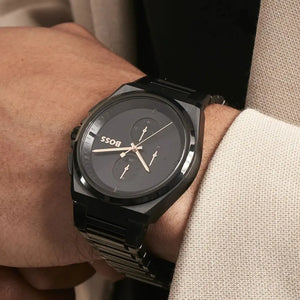 Hugo Boss 1514068 Steer Analog Black Dial Black Steel Strap Watch For Men Hugo Boss