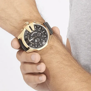 Diesel DZ4344 Mega Chief Chronograph Black Dial Black Leather Strap Watch For Men Diesel