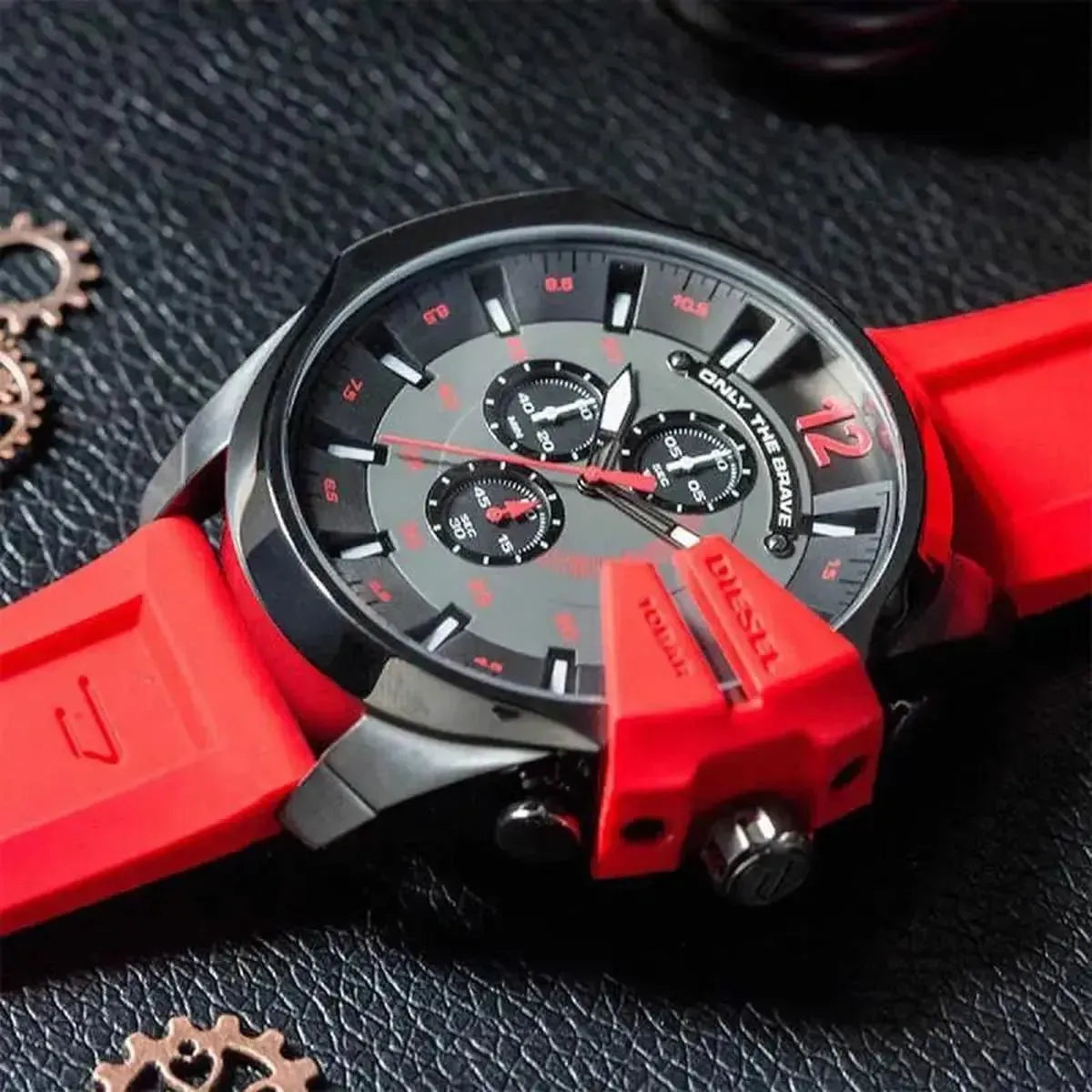 Diesel  DZ4427 Mega Chief Chronograph Black Dial Red Silicone Strap Watch For Men Diesel