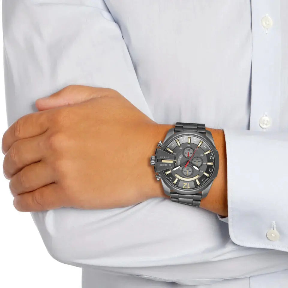 Diesel DZ4421 Mega Chief Chronograph Grey Dial Grey Steel Strap Watch For Men Diesel