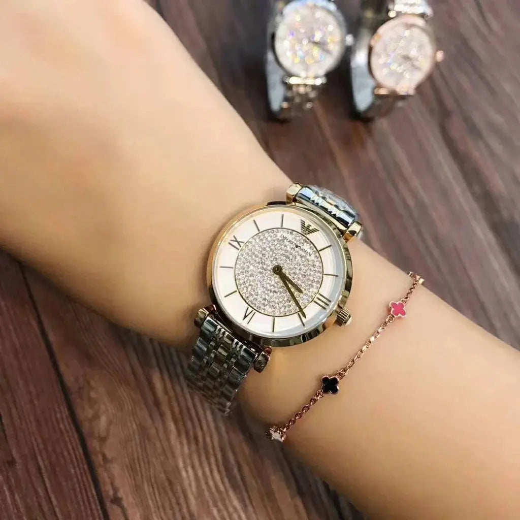 Emporio Armani AR2076 Gianni T Bar Analog White Dial Two Tone Steel Strap Watch For Women Emporio Armani