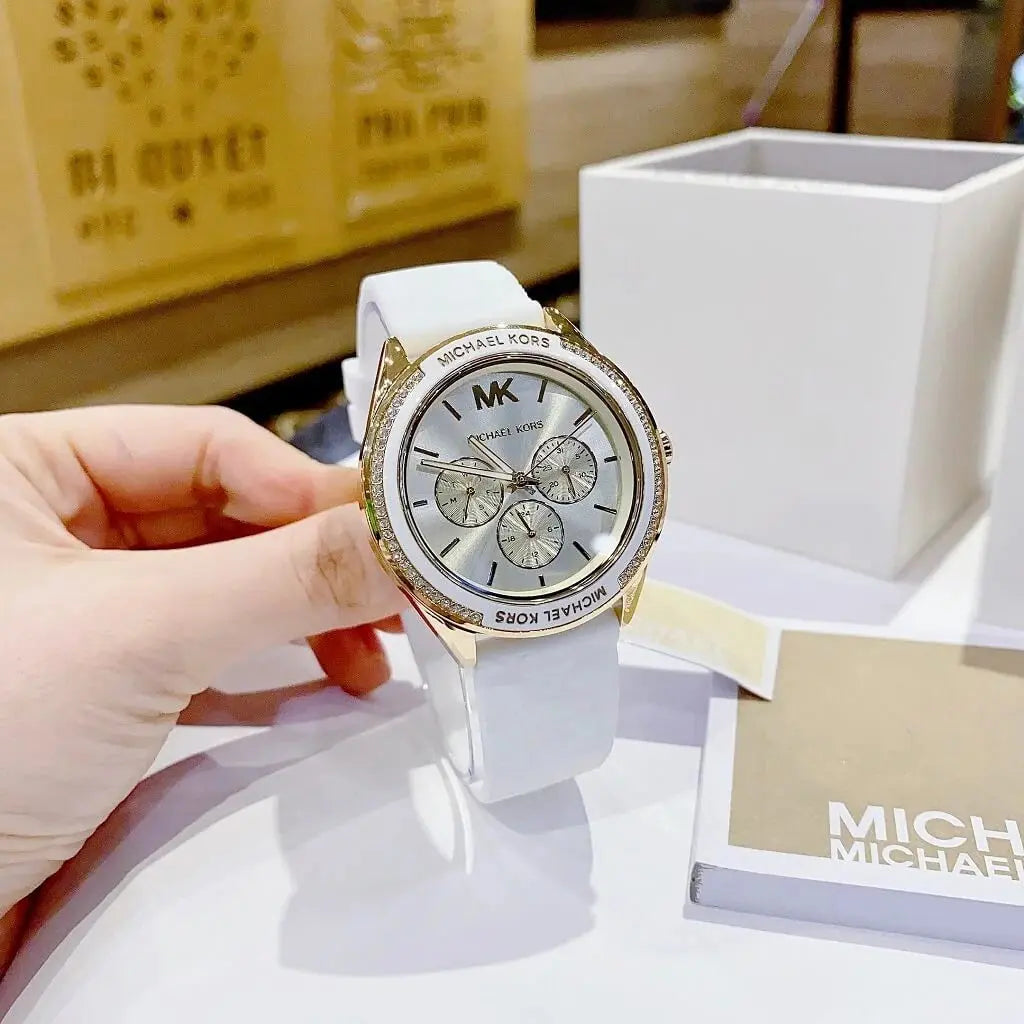 Michael Kors MK7267 Jessa Quartz Gold Dial White Silicone Strap Watch For Women Michael Kros