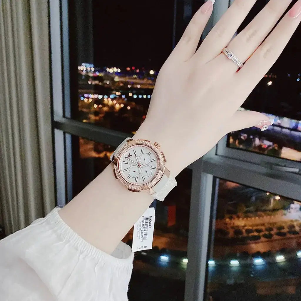 Michael Kors MK6949 Sidney Chronograph White Dial Beige Leather Strap Watch For Women Michael Kros