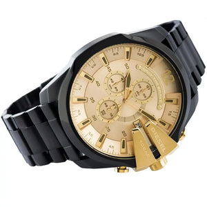 Diesel DZ4485 Mega Chief Chronograph Gold Dial Black Steel Strap Watch For Men Diesel