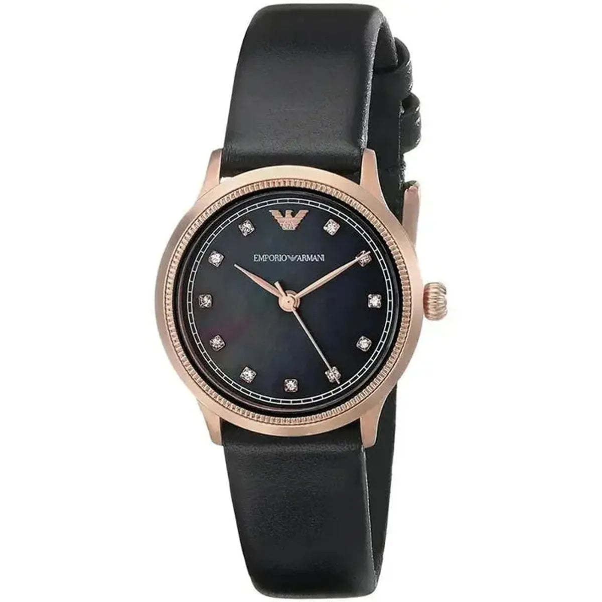 Ladies black leather watch with rose gold case and diamond hour markers on dark round dial