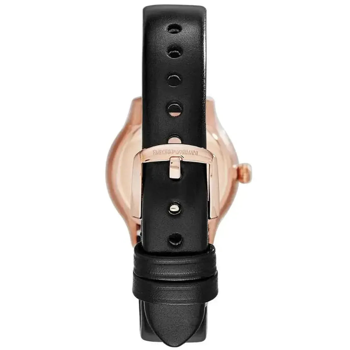 Close-up of black leather watch strap with gold buckle and visible brand engraving