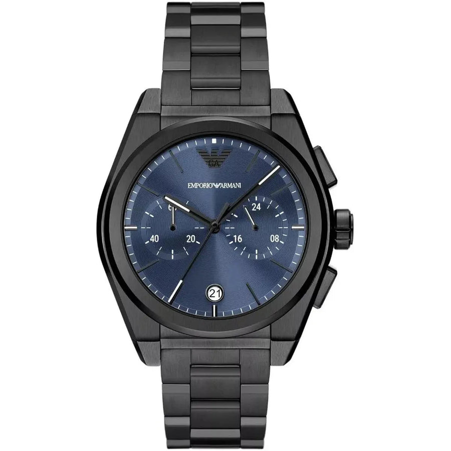 Front view of Emporio Armani Federico AR11561 with blue dial and mineral crystal