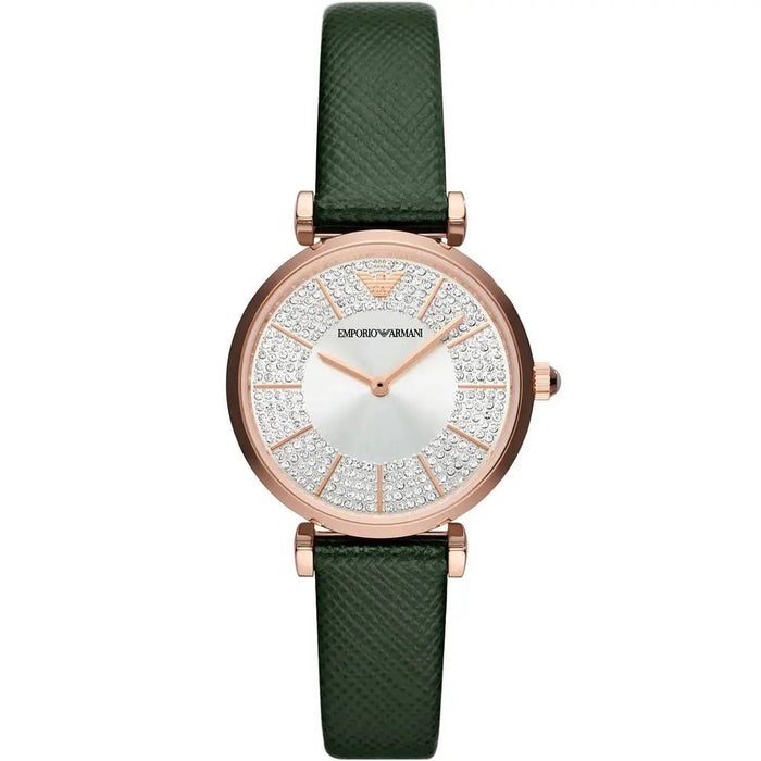 Emporio Armani AR11517 women’s watch with green leather strap and silver dial