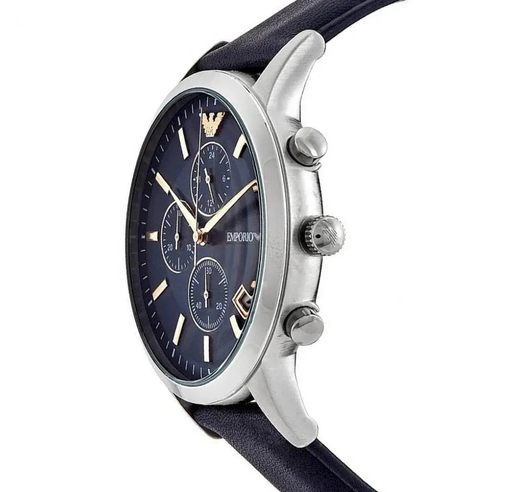 Emporio Armani AR11216 Renato Chronograph Blue Dial Black Leather Strap Watch For Men Emporio Armani