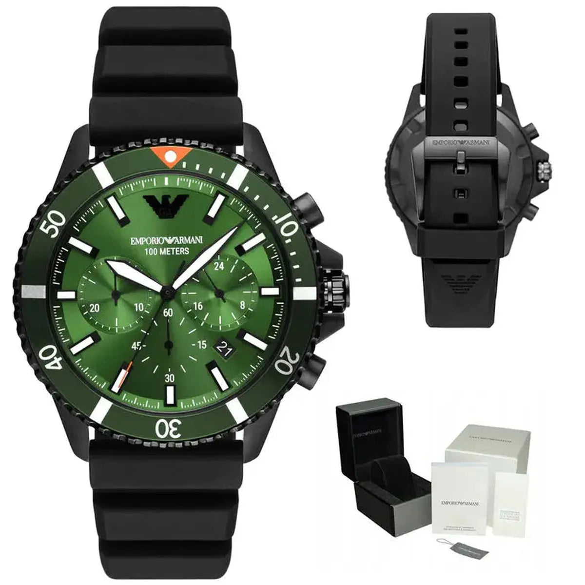 Emporio Armani AR11463 Diver Chronograph Quartz Green Dial Black Silicon Strap Watch For Men Emporio Armani