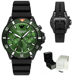 Emporio Armani AR11463 Diver Chronograph Quartz Green Dial Black Silicon Strap Watch For Men Emporio Armani