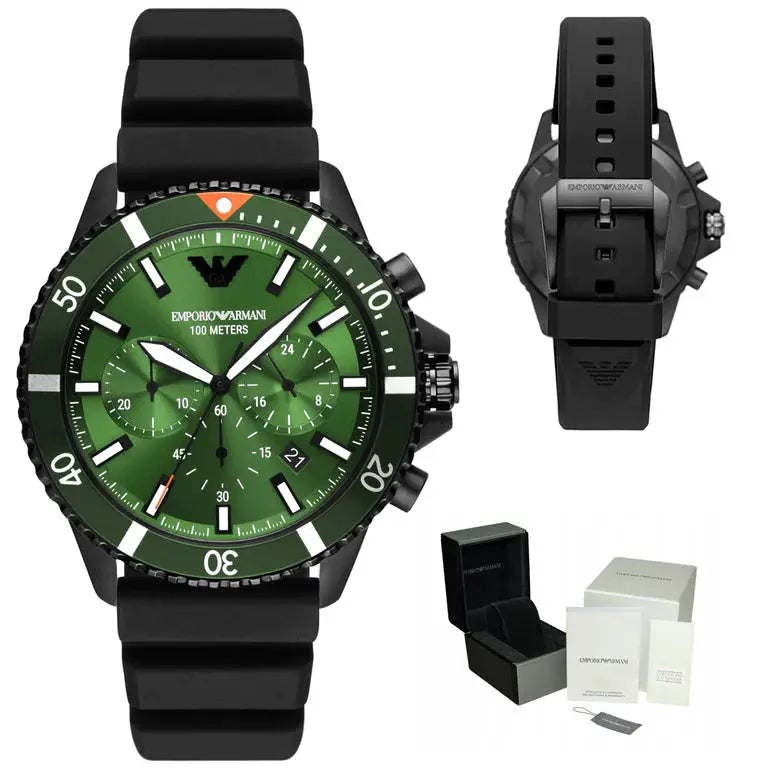 Emporio Armani AR11463 Diver Chronograph Quartz Green Dial Black Silicon Strap Watch For Men Emporio Armani