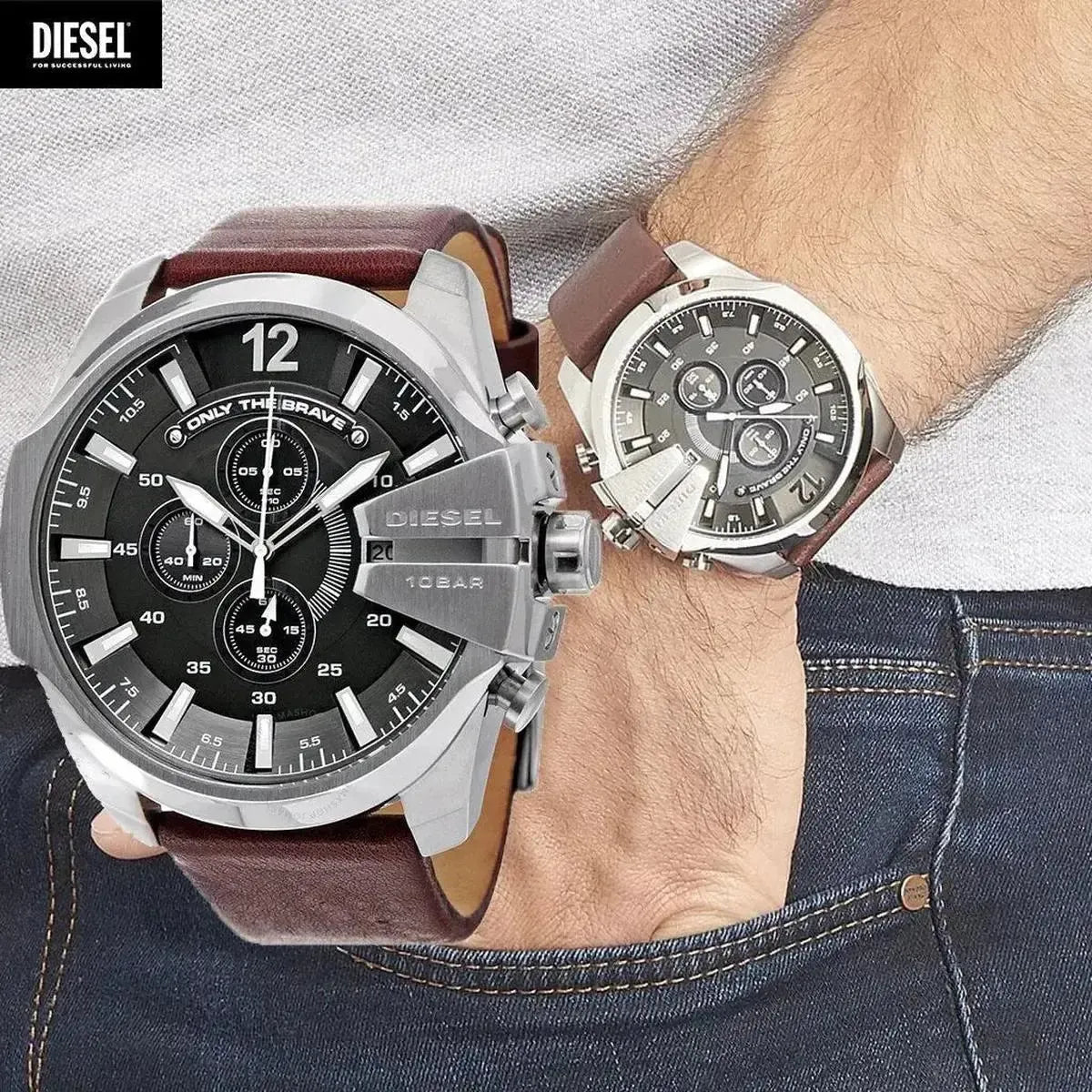 Diesel DZ4290 Mega Chief Chronograph Black Dial Brown Leather Strap Watch For Men Diesel