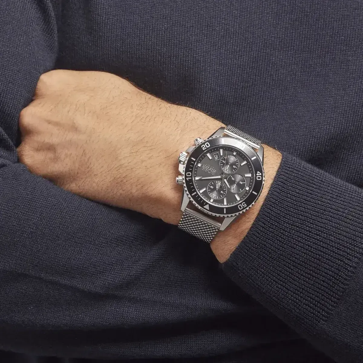 Hugo Boss 1513904 Admiral Black Dial Silver Mesh Bracelet Watch for Men Hugo Boss