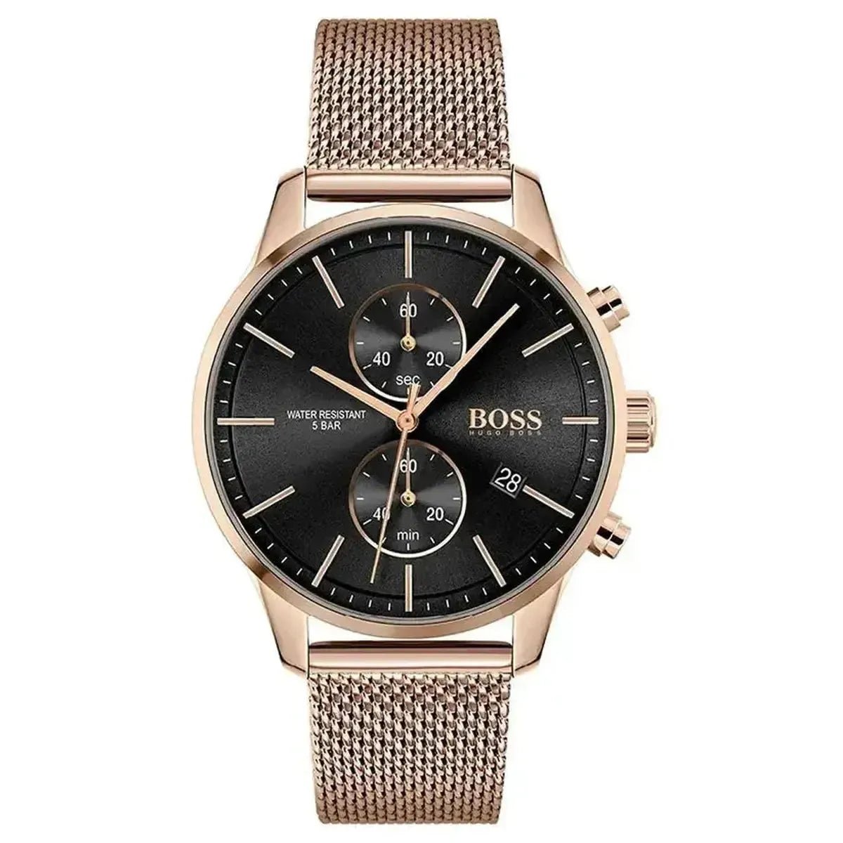 Associate Chronograph Watch – 42mm Black Dial Rose Gold Mesh Bracelet